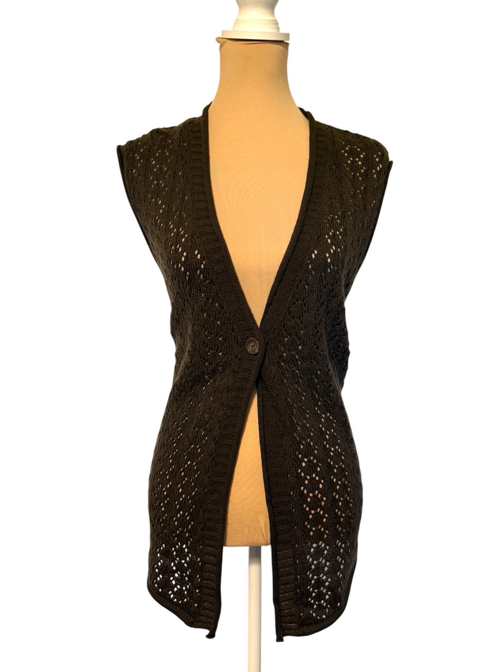 Y2K Style One Button Vest Cardigan with Open Knit Front Brown Large